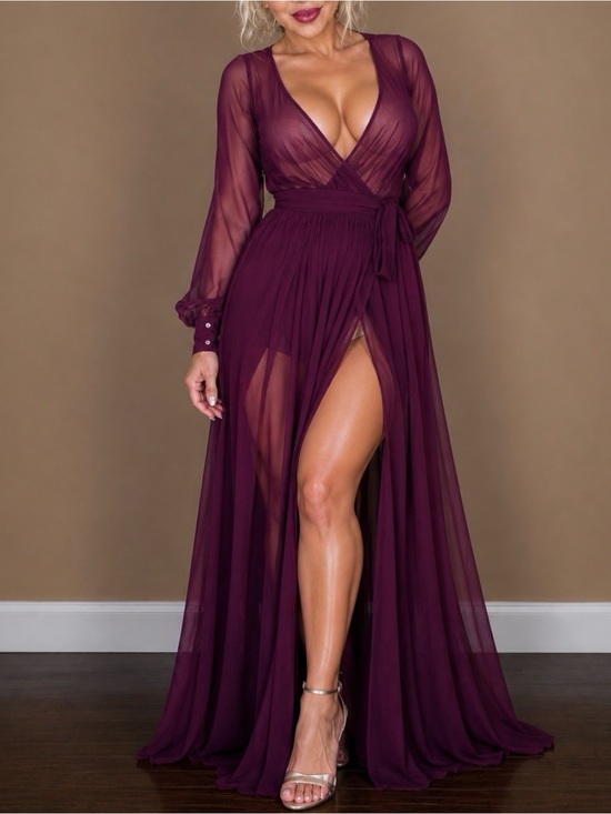 Olivaceous Dresses & Skirts - OLIVACEOUS Women’s Sheer Burgundy Chiffon Wrap Maxi Dress Double Slit Size S
